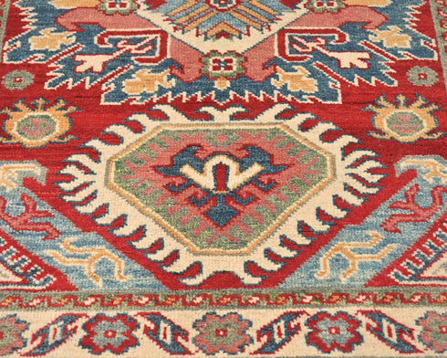 3x4 Red Kuba Afghan Hand Knotted Wool Area Rug